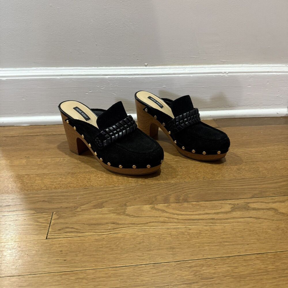 Nine West Wnflowr Black Leather Suede Stud Chunky Clogs Sz 8 Boho Casual